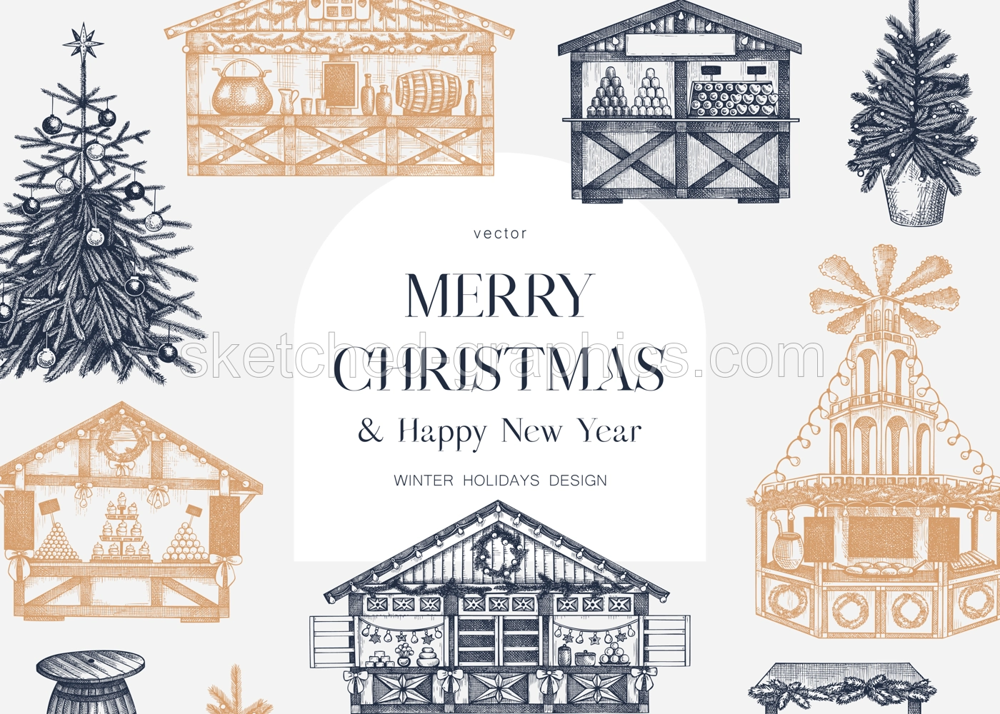 Vintage Christmas background. European Christmas market with souvenir stalls, Christmas tree, fast food, candy shops sketches. Winter holidays invitation or greeting card template. Architecture frame Illustration